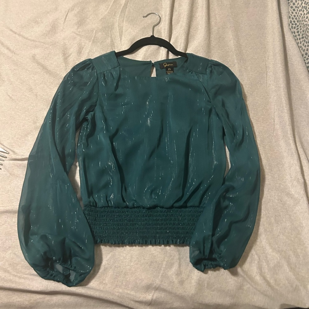 green metallic long-sleeve blouse top w/ sheer sleeves & smocked waist (XS)